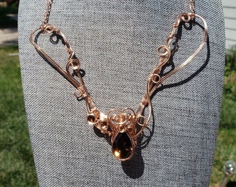 14K Rose Gold Filled Wire Wrapped Smokey Quartz and Bi-color Tourmaline Necklace スモーキークォーツ バイカラートルマリン ネックレス