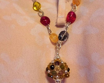 Tourmaline, Tourmalinated Quartz Tumbled Nugget, Citrine and 925 sterling silver necklace