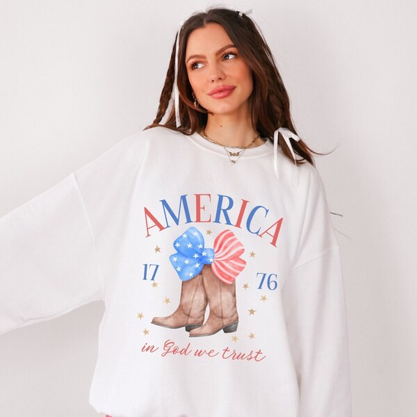 4th Of July Christian Sweatshirt For Women, Coquette Patriotic Shirt, Religious In God We Trust Christian Apparel, Fourth of July Crewneck