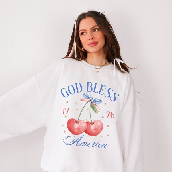 4th Of July Christian Sweatshirt For Women, Coquette Patriotic Shirt, Religious God Bless America Christian Apparel, Fourth of July Crewneck