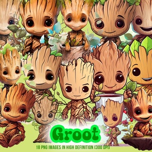 Clip art fofo do Groot no estilo kawaii | para adesivos, camisetas, etc. | Formato PNG | Para uso comercial