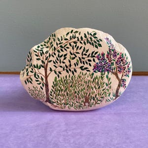 Hand Painted Rock Art Decor, Large Nature Inspired Stone Painting, Tree and Flowers Artwork, Unique Garden Ornament, Rustic Home Gift