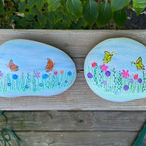 Hand Painted Rocks with Flowers: Set of Two Decorated Garden Stones, Unique Housewarming Gift Idea