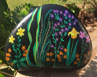 Decorated Rock with Flowers, Large Hand Painted Rocks for Garden