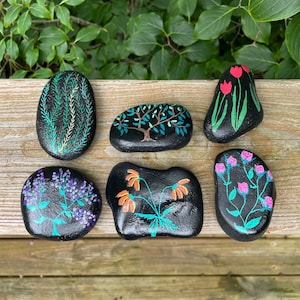 6 Small Painted Rocks with Flowers, Hand Painted Garden Rocks, Unique Spring Gift Idea, 6 Decorative Natural River Stones