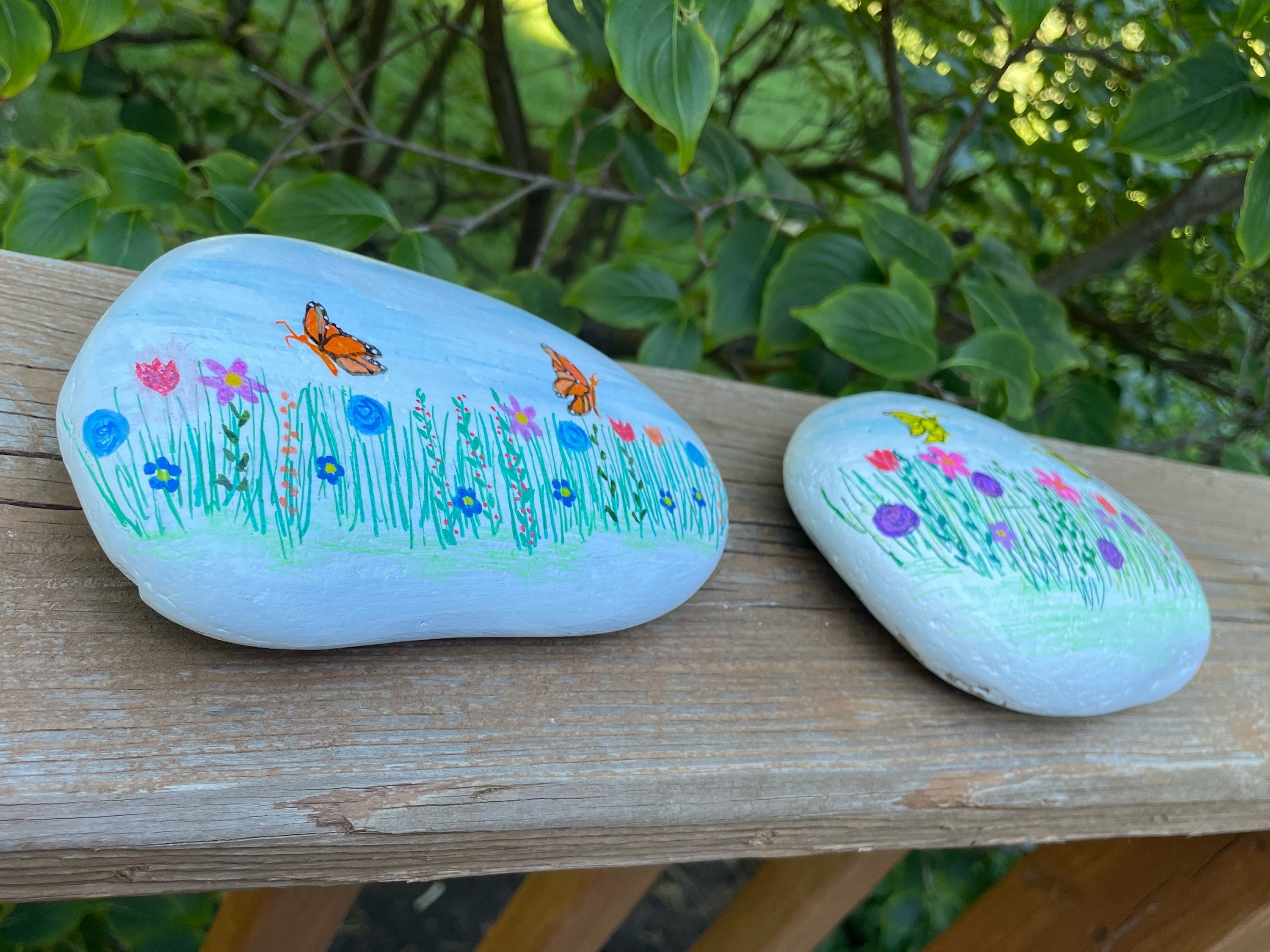 Hand Painted Rocks With Flowers: Set of Three Decorated Garden Stones ...