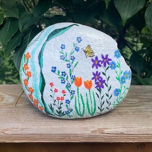 Hand Painted Rock with Floral Art | Unique Decorative Stone | Cottagecore Home Accent | Nature Inspired Gift | Paperweight | Butterfly Decor