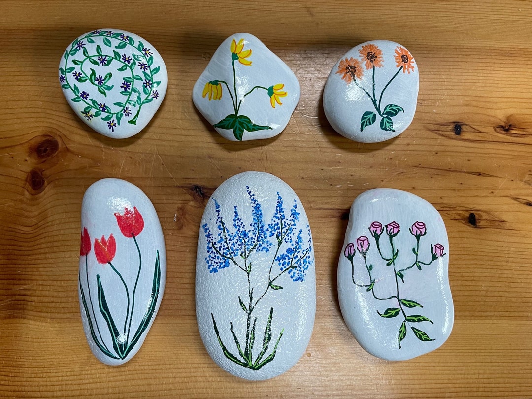 Painted Rocks With Flowers Set of Six Small Hand Decorated River Stones