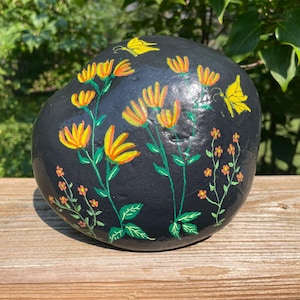 Hand Painted Garden Rock with Butterflies & Flowers, Garden Decoration, Unique Gift