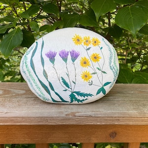 Hand Painted Rock with Wildflowers, Unique Garden Decor, Floral Rock Art, Yellow and Purple Flowers, Nature Inspired Rock Painting