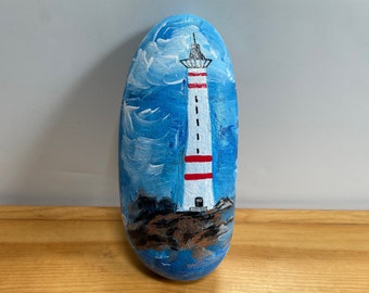 Lighthouse Design Hand Painted on Natural River Stone, Lakehouse Gift