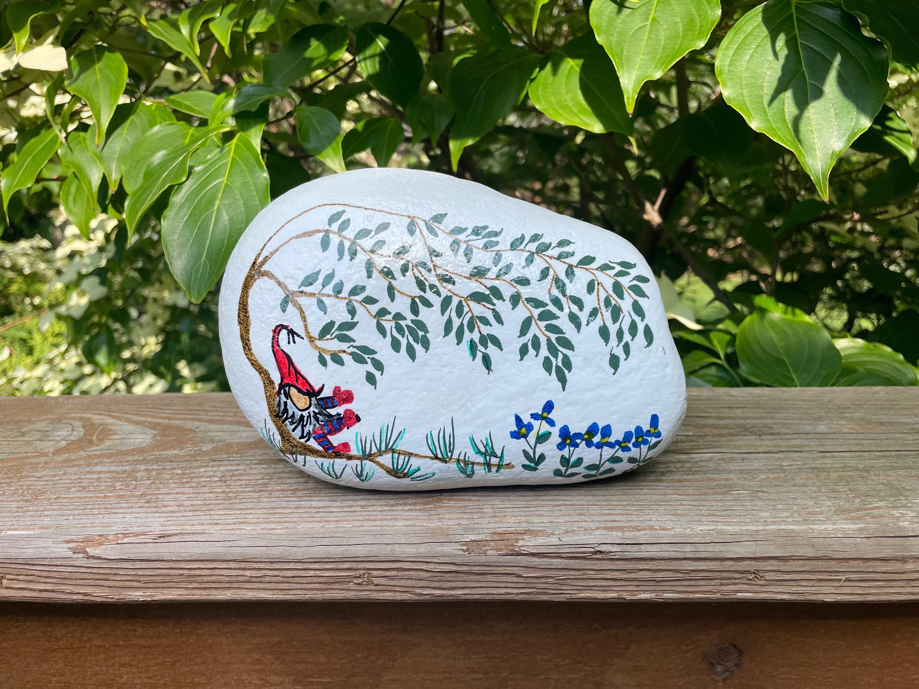 Large Painted Rock Decorated with Fantasy Flowers and a Cute Garden Gnome on a Natural River Stone, Unique Gift Idea