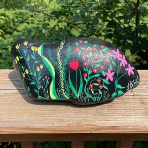 Long Painted Rock with Flowers, Summer Garden Decoration, Colorful & Unique Gift Idea