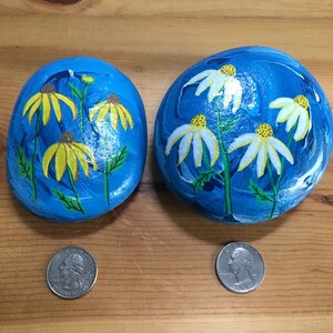 Flower Painted Rocks: Gift Set of Two Hand Decorated River Stones, Painted Garden Stones, Floral Paperweights