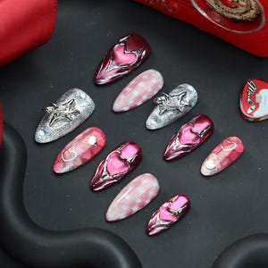 Shining Star & Pink Heart Press on Nails | Cute Fun Colorful Gel Nails | Artist Faux Nails | Medium Almond Shape Nails | Trendy Nails