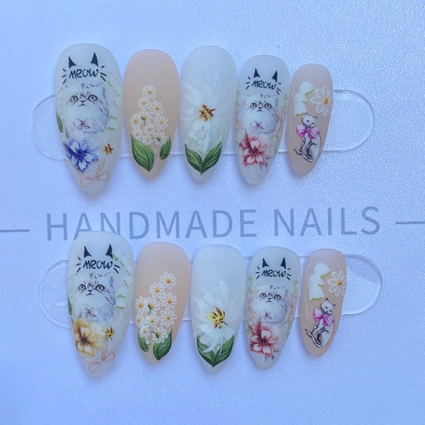 Spring Cat Press on Nails | 3D Gel | Glue On Nails | Hand Made Nails | Stunning Gel Nail Artist Faux Nails | Middle Almond Shape Nails