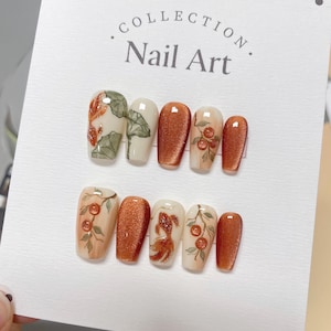 Hand Painted Press On Nails: Gold Fish & Leaves, Reusable Faux Nails