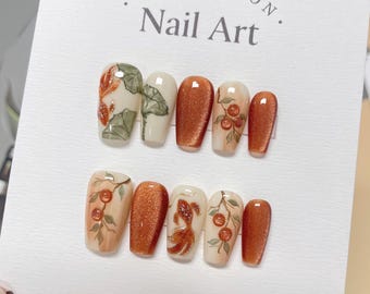 Water Color Gold Fish & Leaves Customized Press on Nails, Hand Painted Elegant Fancy Fake Nails, Artist Faux Nails, Reusable Premium Nails