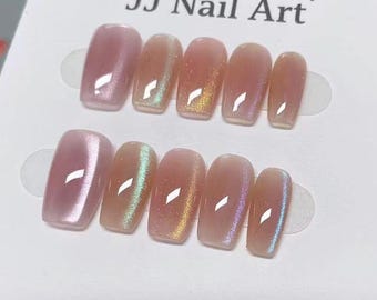 Colorful Cat Eye Hand Painted Press On Nails: Custom Shape Reusable Nail Set