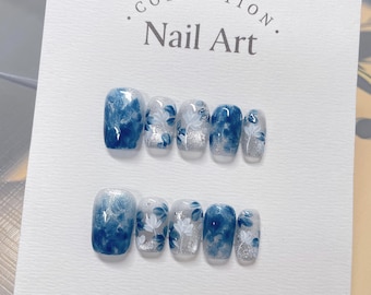 Hand Painted Blue Flower Press On Nails: Cat Eye Elegant Faux Nails