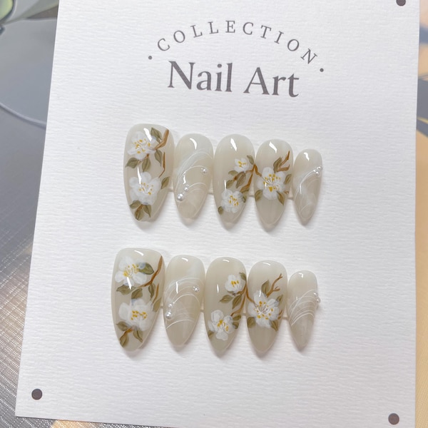 Hand Painted Press On Nails: Blooming White Flowers & Pearl, Reusable Faux Nails