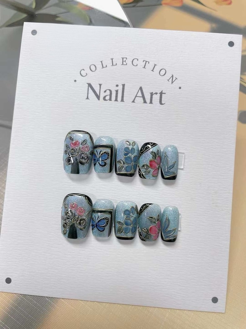 Vintage Press on Nails, Hand Paint Gel Fake Nails, Elegant Nails