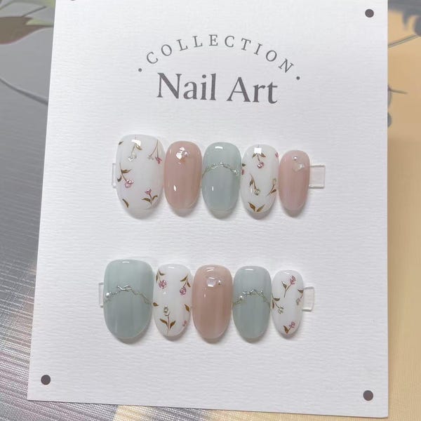 Hand Painted Press On Nails: Pink & Blue Flying Flowers, Reusable Faux Nails