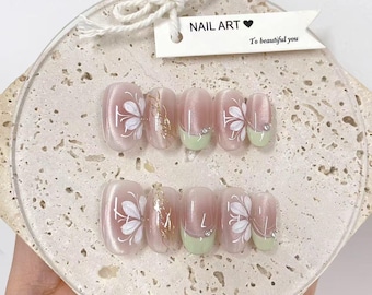 Hand Painted White Pearl Press On Nails: Green French Tip, Reusable Fake Nails
