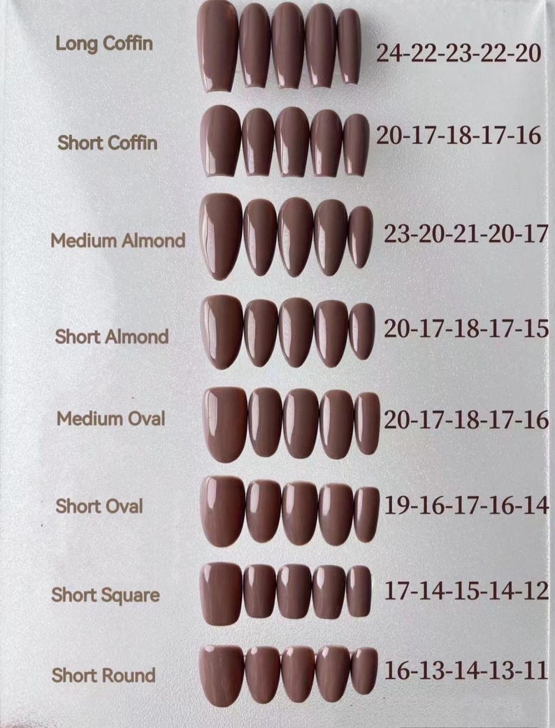 May include: A chart showing different nail shapes and sizes with measurements in inches. The shapes include long coffin, short coffin, medium almond, short almond, medium oval, short oval, short square, and short round.