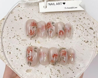 Handmålade röda blommor press-on naglar, återanvändbara kattögonnaglar, anpassade nagelformade