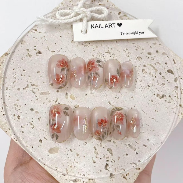Hand Painted Red Flowers Press On Nails, Cat Eye Reusable Custom Nail Shape