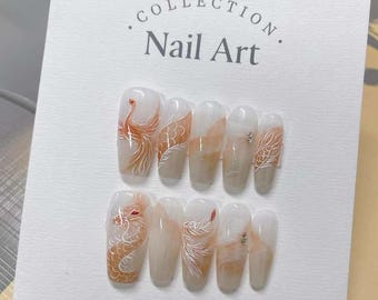 Hand Painted Dragon Press On Nails: Colorful Gel Nail Art