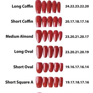 Peut inclure: Un tableau des tailles d'ongles pr&eacute;sentant diff&eacute;rentes formes d'ongles rouges, notamment Long Coffin, Short Coffin, Medium Almond, Long Oval, Short Oval et Short Square. Les mesures sont en millim&egrave;tres.