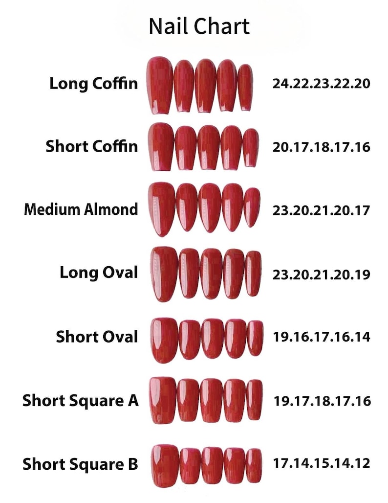 Peut inclure: Un tableau des tailles d'ongles pr&eacute;sentant diff&eacute;rentes formes d'ongles rouges, notamment Long Coffin, Short Coffin, Medium Almond, Long Oval, Short Oval et Short Square. Les mesures sont en millim&egrave;tres.