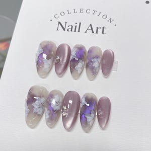 Purple Cat Eye Press On Nails: Hand-Painted Floral Faux Nails