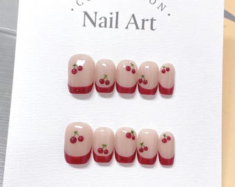Hand Painted Cherry French Press On Nails: Reusable Artist Faux Nails