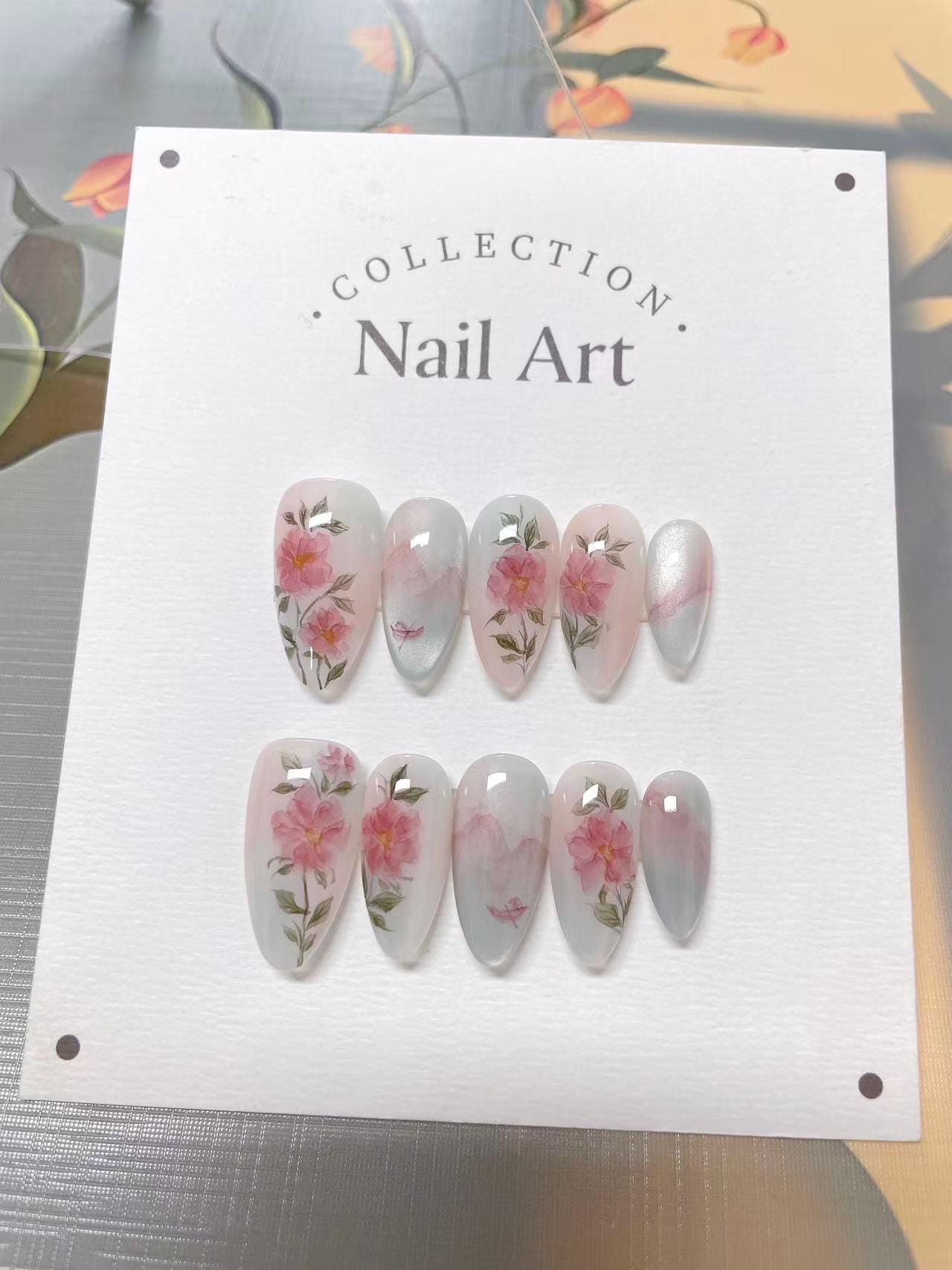 Pink Flowers and Boats Customized Press on Nails, Hand Painted Fake Nails, Cute Fancy Nails, Artist Faux Nails, Reusable Premium Nails