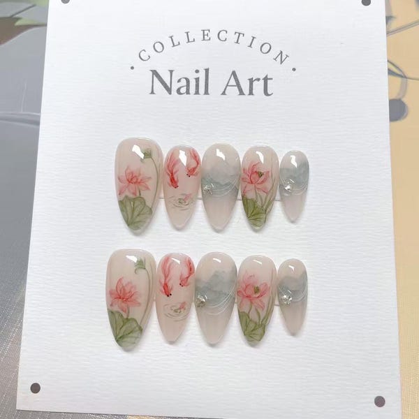 Hand Painted Lotus Fish Press On Nails: Reusable Artist Faux Nails