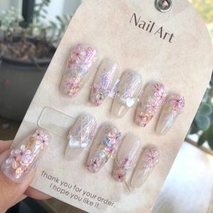 Blooming Flowers with Butterflies Press on Nails, Customized Hand Painted Fake Nails, Colorful Artist Faux Nails, Reusable Premium Nails
