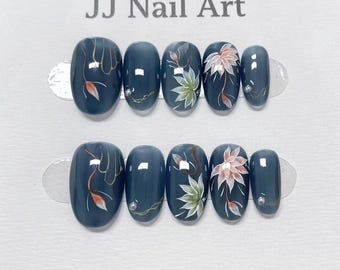 Uñas postizas pintadas a mano con diseño de nenúfares: set de uñas reutilizables con forma personalizada