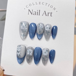 Ocean Blue Cat Eye Press On Nails: White Floral, Reusable Faux Nails