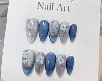 Ocean Blue Cat Eye White Floral Customized Press on Nails, Hand Painted Fake Nails, Colorful Nails, Artist Faux Nails, Reusable Premium Nail