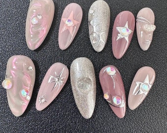 Pink Silver Press on Nails, Hand Made Gel Fake Nails, Fancy Premium Nails, Artist Faux Nails, Almond Shape Nails, Acrylic Gel Nails
