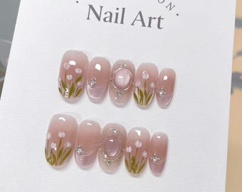 Pink Tulip Press On Nails: Hand Painted Reusable Faux Nails