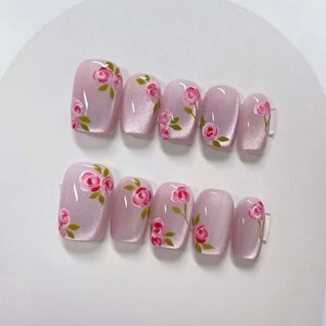Pink Roses Cat Eye Press on Nails/ Fake Nails/ Hand Draw Coquette Nails/ Artist Faux Nails/ Multiple Nail Shapes/ Fancy Reusable Nails