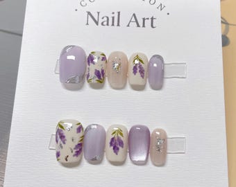 Lavender Floral Press On Nails: Hand Painted Reusable Faux Nails