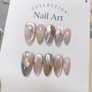 Stained Glass Cat Eye Press On Nails: Hand Painted Reusable Faux Nails