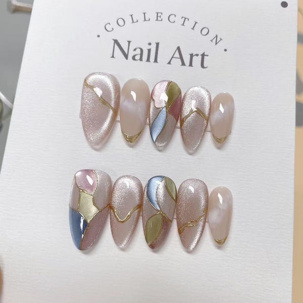 Stained Glass Cat Eye Press On Nails: Hand Painted Reusable Faux Nails