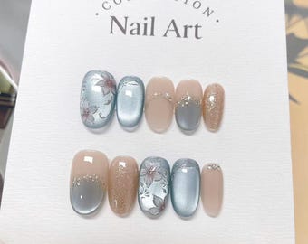 Blue Cat Eye Press On Nails: Hand-Painted Reusable False Nails