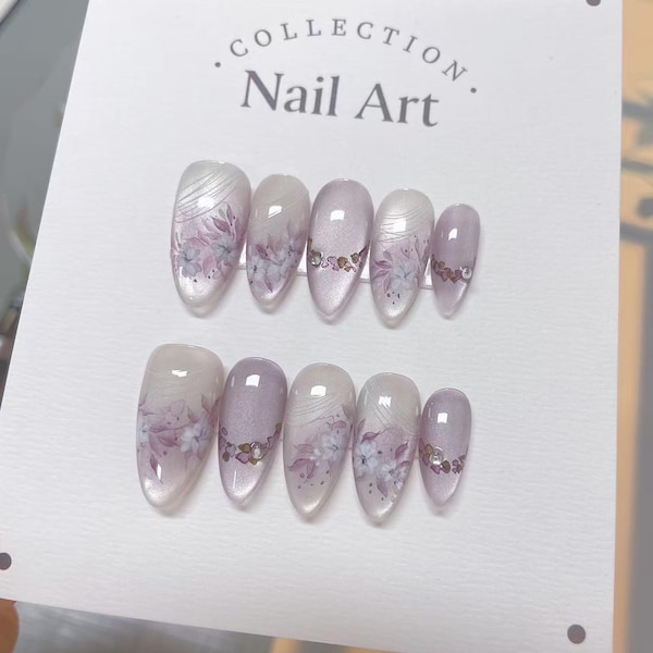 Hand Painted Press On Nails: White Flowers, Purple Smudge, Reusable